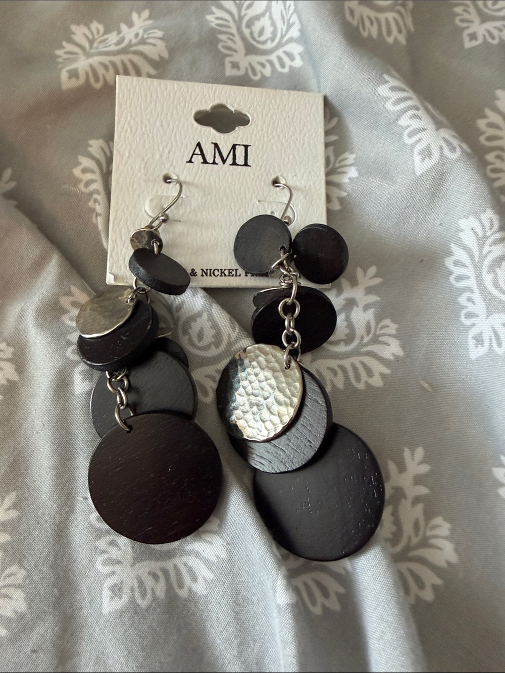 Ami Black and Silver Disc Dangle Earrings